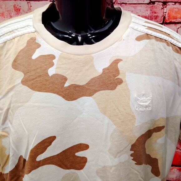 adidas Shirt Mens Medium Beige Camouflage 3 Stripes Long Sleeve Crew Neck Tee - Picture 4 of 8